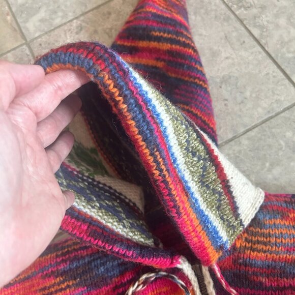 Unisex Rainbow Wool Knit Hoodie Sweater Jacket • M • Tassel Elf Hood Boho Hippie - Picture 9 of 9